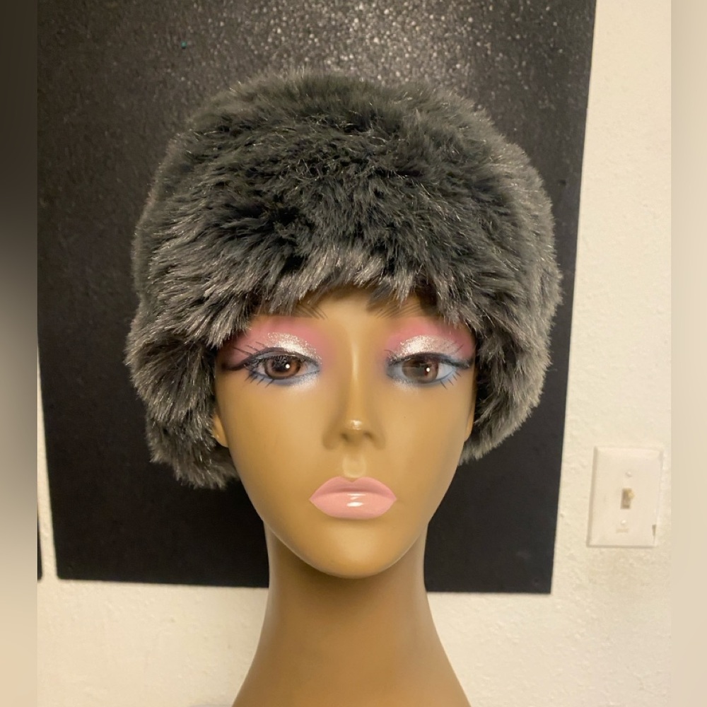 Dark Grey Faux Fur Hat - Gray Winter Y2K